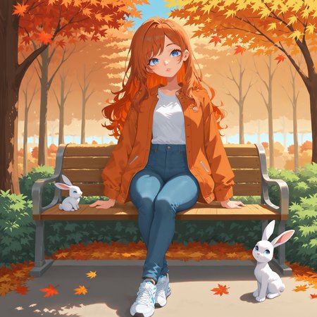 (masterpiece), (best quality), (ultra-detailed), very aesthetic, artist:, {prompt}, masterpiece, best quality, good quality, newest, very awa, absurdres, highres, 1girl, solo, long hair, looking at viewer, blue eyes, shirt, brown hair, long sleeves, sitting, jacket, white shirt, full body, outdoors, open clothes, shoes, pants, day, orange hair, tree, lips, head tilt, shadow, animal, leaf, white footwear, denim, sneakers, freckles, jeans, rabbit, blue pants, shirt tucked in, nose, bush, autumn leaves, maple leaf, autumn, orange jacket, falling leaves, swing, park, 