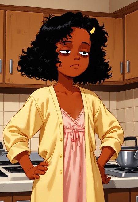 score_9, score_8_up, score_7_up, retro artstyle
1girl, solo, Ashley B RC, black hair,curly hair, ashley b rc, yellow hair ornament, , dark skin, flat chest,bottomless,
indoors, kitchen, wear only nightgown,, loose clothes, open clothes, holding a cup of coffee, one hand on hip,eyes half closed, sleepy eyes, bags under eyes, perfect hands,
