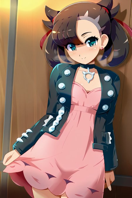 masterpiece, best quality, BREAK, zzMarnie, aqua eyes, black choker, red ribbon, pink dress, jewelry, black jacket, open clothes, long sleeves, <lora:MarniePokemonIllustrious:1.0>, smile, looking at viewer, cowboy shot,    <lora:KonpetoIXL:1.0>, Konpeto,