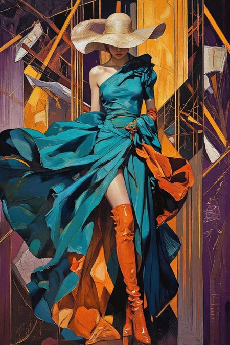 A stunning oil painting inspired by Wassily Kandinsky’s dynamic abstraction and Tamara de Lempicka’s refined elegance, depicting a striking woman with a statuesque, slender figure in a bold turquoise and fiery orange ensemble. Her wide-brimmed hat, a sculptural abstract form, extends in fluid, sweeping curves, partially obscuring her face and leaving only her sharply defined lips visible, evoking an air of mystery. She wears a flowing, electric blue dress with a sharply structured bodice and an asymmetrical skirt that cascades in angular folds, revealing glimpses of fiery orange lining. The dress’s vibrant hues create a dramatic interplay against her thigh-high, glossy burnt-orange boots that reflect ambient light. The structured yet flowing elements of her attire contrast with the rigid geometry of the background—an intricate network of deep purple and bright yellow intersecting lines forming dynamic, interwoven patterns, reminiscent of Kandinsky’s expressive compositions. The optical illusion of shifting depth and movement draws the eye toward the figure, enhancing the surreal, avant-garde aesthetic. Soft yet deliberate lighting sculpts the textures of fabric and skin, lending the painting a luminous, sculptural quality. The fusion of bold abstraction and refined elegance captures the essence of high fashion within a timeless, artistic vision.