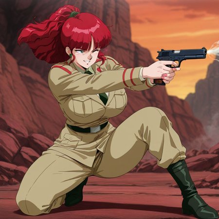masterpiece, best quality, amazing quality, very aesthetic, absurdres, newest, scenery, depth of field,  ,     smooth skin, highly detailed, blurry background
,curvy, huge breasts,  , mature female,
battle, gun smoke,
1girl, solo, on one knee, looking afar, clenched teeth  one eye closed, 
<lora:spo_sdxl_10ep_4k-data_lora_webui:0.5> retro artstyle, , 
 seductive smile,   full body,   (transparent:0.6)  military uniform, necktie, holding gun  handgun
<lora:Jung_Freud_-_Gunbuster_ILXL:1> jungfreud, red hair, ponytail, green eyes, jewelry, bangs,