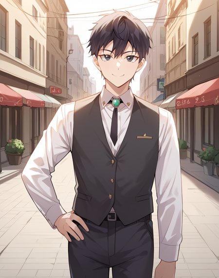 valier_junior_human, black hair, short hair, black eyes, shirt, vest, long sleeves, brooch,  collared shirt,white shirt, black pants, civilian clothes, jewelry, neck ribbon BREAK outdoors, city BREAK hand on hip, smile, cowboy shot, BREAK score_9, score_8_up, score_7_up, source_anime ,zPDXL,<lora:Reinhardt__Valier:0.8>