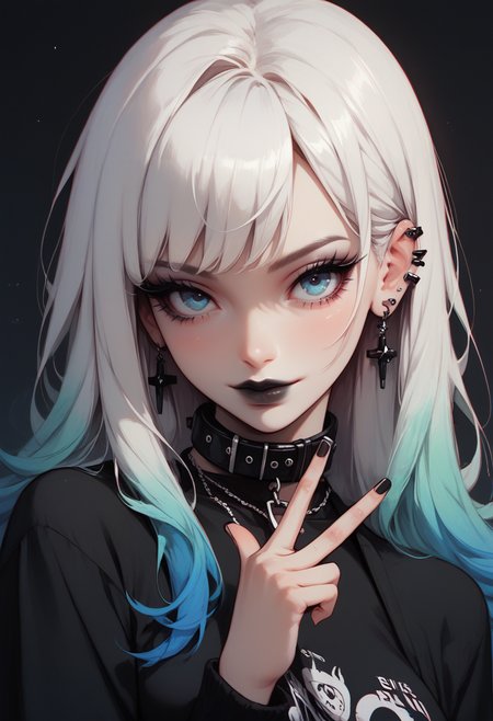 score_9, score_8_up, score_7_up,Goth girl, goth girl 1girl, 1girl,solo,long hair,breasts,looking at viewer,bangs,medium breasts, soft smile, shirt,white hair,blue eyes,upper body,multicolored hair,collar,black shirt,eyelashes,gradient hair,makeup,piercing,black background,gothic,long eyelashes,black lips,full body, V, hand gesture, <lora:Goth_girl_XL-v2:0.8>, <lora:[GP] somethingweird [Pony XL]:0.2>, <lora:g0th1cPXL:0.3>, <lora:Concept Art Twilight Style SDXL_LoRA_Pony Diffusion V6 XL:0.8>,