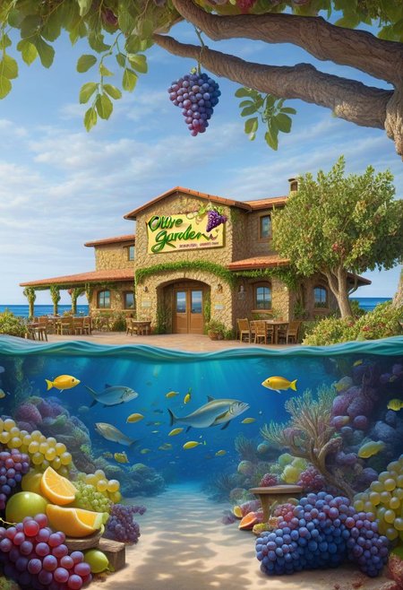 ((masterpiece, best quality)), high resolution, highly detailed,  realistic,
OliveGarden, resturant under the sea, underwater, ocean, fish, fruit, tree, grapes, plant, realistic photo (sharp focus, highly detailed, 4k, 8k, best quality, masterpiece, ultra highres:1)