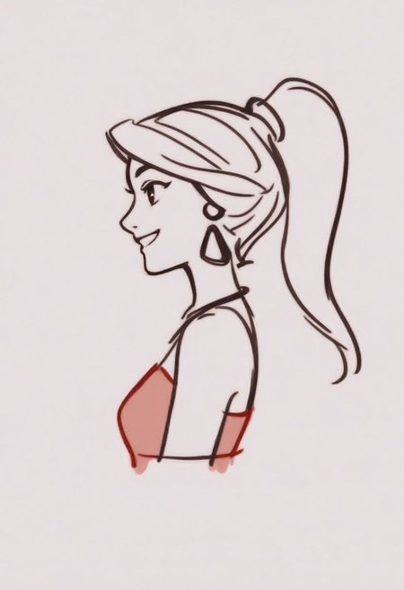 1girl, upper body, Jasmine, red outfit, ponytail,  ((solo)), from side, dynamic portrait sketch, smile,
 Minimalism, Greyscale, Stylized