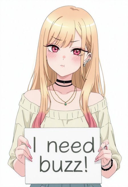 masterpiece, 1girl, looking at viewer, pout, need_buzz, holding sign, Marin Kitagawa, 1girl, blonde hair, long hair, multicolored hair, red eyes | pink nails, nail polish, fingernails, jewelry, earrings, ear piercing, necklace, choker, barbell piercing, bracelet, white background,