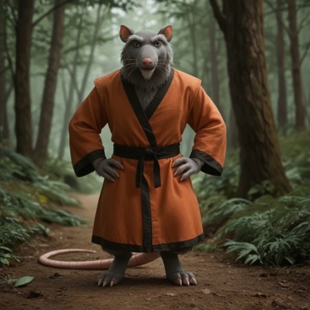 score_9, score_8_up, score_7_up, score_6_up, score_5_up, score_4_up, source_furry, Splinter03v2, semi-anthro, male, rat, grey fur, brown eyes, rat tail, red-orange kimono, standing, in a forest, hands on hips,