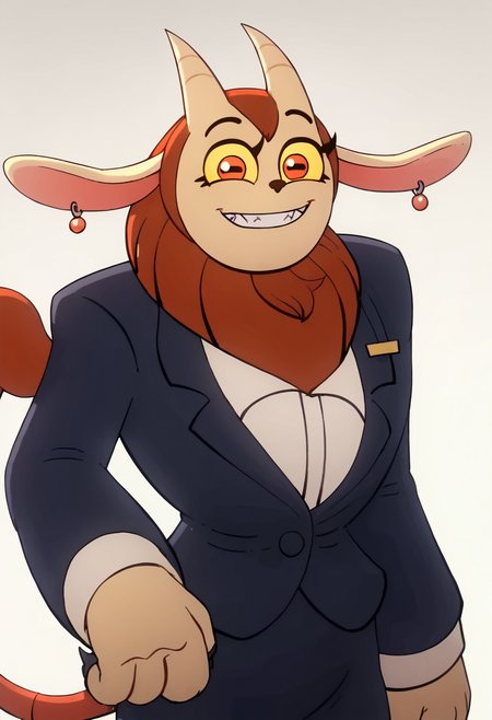 <lora:MaulieManticorePony1.0:1> maulie, horns, furry, solo, 1girl, earrings, animal ears, formal, suit, furry female, pencil skirt, red eyes, yellow sclera, teeth, smile, fangs, score_9, score_8_up, score_7_up, score_6_up, score_5_up, score_4_up, looking at viewer, cowboy shot,upper body, white background,