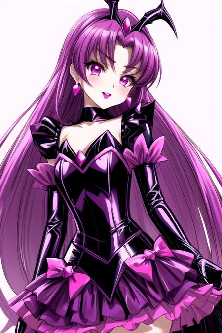 evil corrupted young princess wearing dark pastel (ruffled:1) (gleaming latex:1) EvlSM DarkPrecure Bad_End_Precure gown with (long latex cape:1) and latex elbow bridal gauntlets, (Perfect Face:1), soft lighting, glossy red lips, ruffles,
