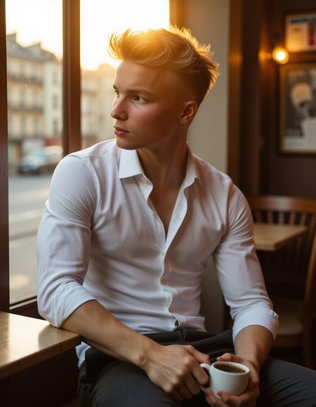 Runway model TimLaurez sits in a Paris café wearing a white shirt with the top button open and dress pants that complement his complexion. He holds a warm, comforting cup of coffee as he gazes out over the city. The setting sun streams through the window, creating a striking play of light and shadow.
 <lora:TimLaurez:1>   <lora:aidmaRealisticSkin:0.4>