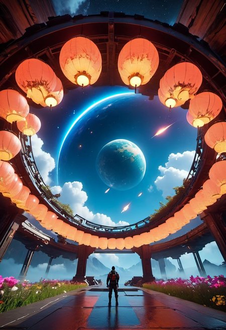 4D render, blender, landscape, Ancient,apocalypse, perfect world, ARK game style, cyberpunk 2077, unreal engine 5 graphics style, spaceship, outdoors, icon, floating in the air, outer space planet, sky gate,dinheirosaurus, human, bulding night, meteor aurora , flower, top-down view, firefly -ar 9:16, high saturation, high contract, fire effcect, bigbang, top-down view