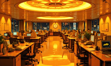 The scene unfolds in a vast, sprawling office space bathed in a warm, golden glow that suffuses every corner of the room. The ceiling is an intricate tapestry of circular patterns, each section layered upon the next like overlapping ripples on water. These patterns are illuminated by soft, recessed lighting that casts a gentle radiance across the entire area, creating an atmosphere of calm and order.
Rows upon rows of desks stretch into the distance, their surfaces neatly arranged with vintage-style computers and peripherals. Each workstation is equipped with a monitor, keyboard, and other essential tools, all unified by a retro aesthetic that hints at a time when technology was both functional and stylish. The monitors display a consistent logoâa stylized symbol featuring a yellow arrow or chevronâsuggesting a sense of uniformity and purpose throughout the workspace.
The chairs at each desk are simple yet ergonomic, designed for long hours of use. Some desks have small potted plants placed strategically, adding a touch of life to the otherwise mechanical environment. The floor is polished to a high shine, reflecting the ambient light and enhancing the overall brightness of the space.
In the background, large windows reveal a darkened exterior, indicating that it might be nighttime outside. This contrast between the bright interior and the dark world beyond adds a layer of intrigue, as though this office is a sanctuary of productivity and focus, isolated from the chaos of the outside world.
A prominent clock hangs near the center of the room, its hands pointing to a specific time, suggesting a structured routine within this bustling environment. The walls are adorned with various notices and diagrams, further emphasizing the organized nature of the space. Despite the sheer scale of the office, there is a sense of harmony and efficiency, as if every element has been meticulously planned to maximize productivity and comfort.
The overall impression is one of quiet industriousness. While no individuals are visible in the immediate foreground, the layout and design suggest a hive of activity, where countless minds work together toward a common goal. The warm tones and meticulous arrangement create an inviting yet professional atmosphere, hinting at a place where innovation and tradition coexist seamlessly.
j_art, j_anime, UNI_SCI_FI_CORE, <lora:FLUX\UNI_FI_NoCAP:0.7>, <lora:FLUX\jul\J_Anime:0.7>, <lora:FLUX\RealAnime:0.7>