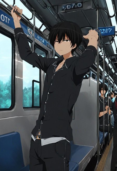 high resolution, solo, best quality, 1Boy, Kanie Seiya, Black Hair, train, inside train, OverallDetail