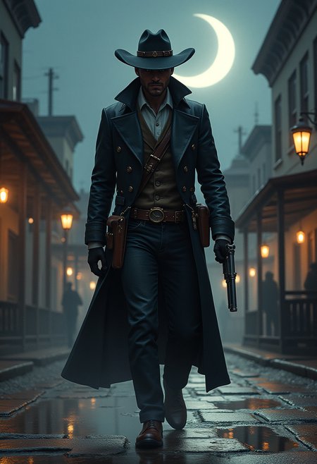 Steampunk Fantasy Art Illustration of gunslinger stands tall, bathed in the subtle, silvery glow of a quarter moon, walking down the street of an old western town, the air thick with anticipation, a faint whisper of retro-futuristic machinery humming in the distance, dressed in steampunk inspired clothing, dark palette, rim lighting from the moon's gentle light, leather duster coat, holstered pistols,
