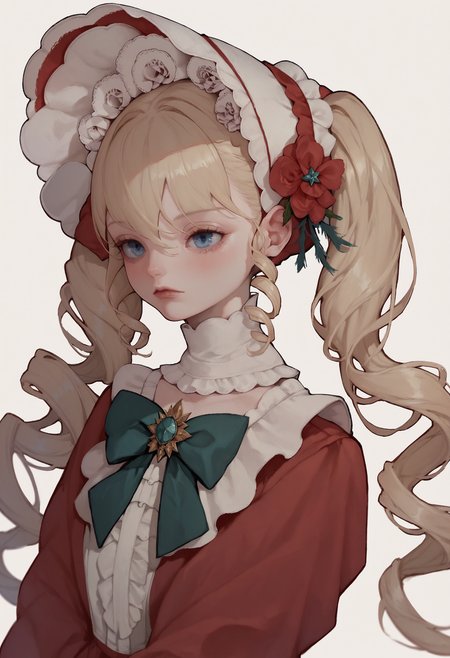 score_9, score_8_up, score_7_up,  score_6_up,  face close up,  1girl, solo,  blonde hair, blue eyes, drill hair,  bangs, twintails, very long hair, bonnet, red  bonnet , red dress, green bowtie, 
flower brooch, <lora:12yun30_PonyXL_dim16:1>