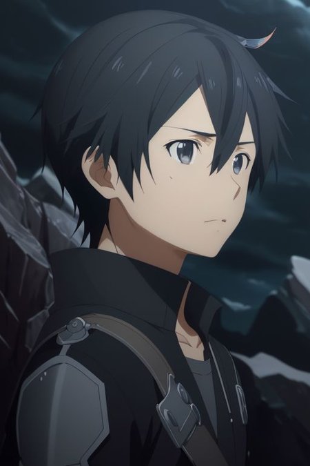 high resolution, solo, best quality, 1Boy, Kazuto Kirigaya, portraits, Black Hair, Black Eyes, existential longing, fantasy background, strong wind, OverallDetail