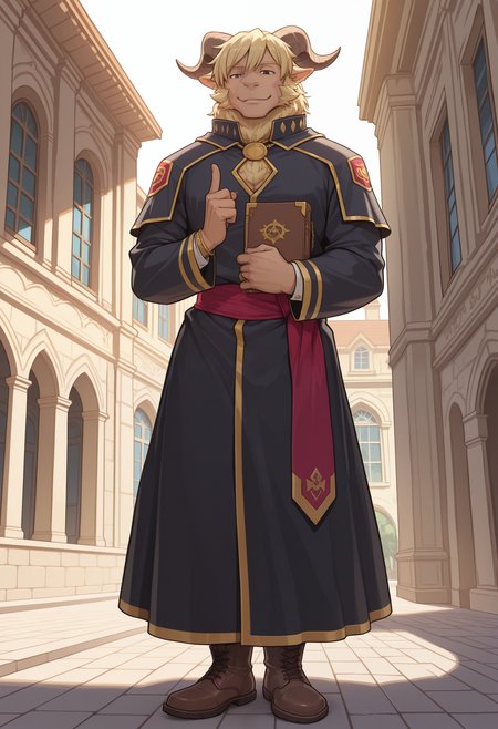 masterpiece,best quality,amazing quality, 1boy, solo, 4z4zel, goat boy, black robe, red sash, brown boots, book, greet, academy, outdoors,