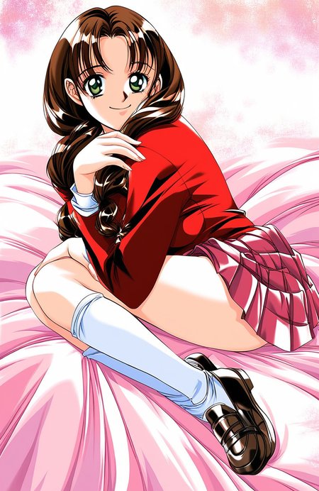 score_9, score_8_up, score_7_up, source_anime, rating_explicit, BREAK  <lora:Sugimoto_Sakurako_XL:1> SugimotoSakurako, brown hair, long hair, green eyes, braid, hair over shoulder, bangs, breasts,
1girl, solo, skirt, smile, looking at viewer, shoes, long sleeves, sitting, socks, shirt, retro artstyle, pleated skirt, hugging own legs
bed room,
looking at viewer,
