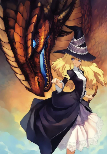 masterpiece,absurdres,best quality,high quality,<lora:Vanillaware XLV3 Vpred Noob:1>,1girl,hat,blonde hair,witch hat,dragon,long hair,solo,blue eyes,dress,