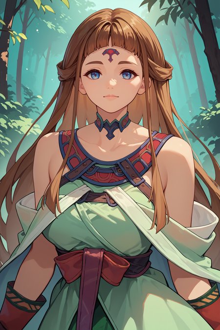 score_9, score_8_up, score_7_up, score_6_up, source_anime, 1girl, solo, <lora:vpshiho-pdxl-nvwls-v1-000005:1> shiho, brown hair, long hair, blue eyes, forehead mark, choker, green dress, off shoulder, red gloves, big breasts, looking at you, forest, blue sky, smile, upper body, portrait