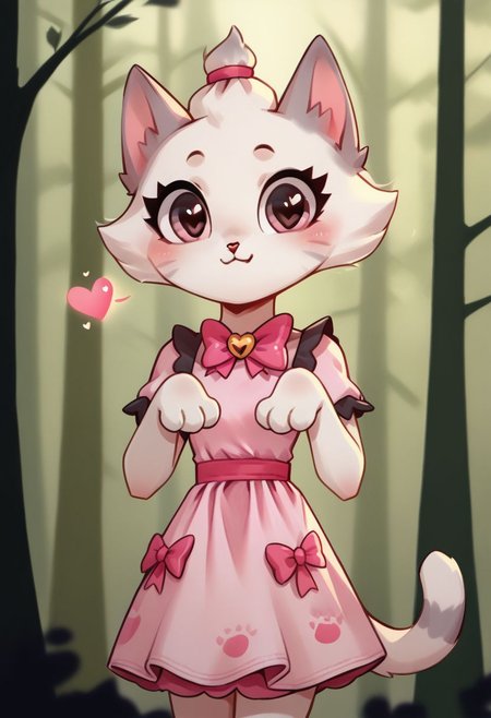 cute, cartoon, Pimpochka background, Bantik, 1girl, cat girl,  hearts, pink dress, bow, forest