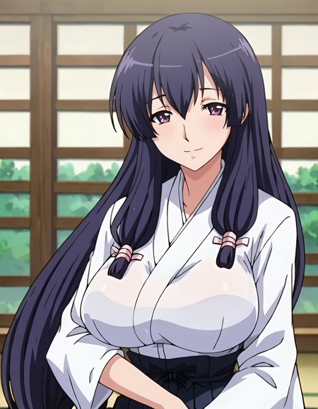 score_9,score_8_up,score_7_up,score_6_up,score_5_up,score_4_up,1girl, <lora:madoka terashima:0.8>,  madoka terashima,large breasts,very long hair,low ponytail,looking at viewer ,japanese clothes,hakama,black hakama skirt,upper body,smile,anime screencap,