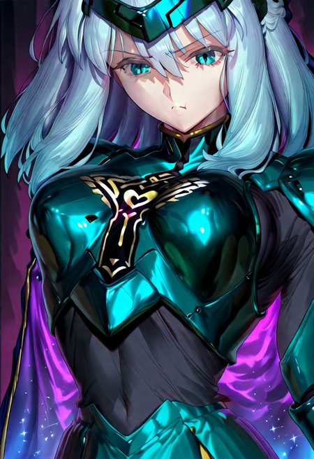 score_9, score_8_up, score_7_up, ((solo)), calm, pout, closed mouth, 1girl, solo, (medium breasts, thin waist, wide hips), peaceful, closed mouth, adult, (((eirika face))), (((cyan hair, cyan eyes))), ((long hair, hair between eyes)), (((indigo cape, metal headband, green metal_uniform, metal breast_armor))), no background, dark background, cowboy shot, dark background, portrait, Expressiveh,