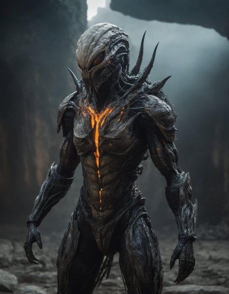 intricate cinematic movie still of a horrific male alien beast with bio-metallic armor extensions, bioluminescent circuits, (extremely detailed pale moistened skin with visible respiratory pores:1.2), excessively wrinkled, cone shaped head, angry expression, long sharp metallic fangs, powerful claws,    
extremely high quality RAW photograph, exquisite details and textures, highly detailed, ultra detailed photograph, dramatic cinematic lighting, 4k,
highest resolution, (bokeh:1.3), (best quality, masterpiece:1.3), ultra high res, 16k unity wallpaper, intricate details, highest detailed, sharp focus, extreme shadow-play, low key, backlit, (filmgrain:1.3)
dramatic full body shot, wide angle view, dynamic pose,
ancient ruins of Mars in the background,  dusty atmospheric haze, mesmerizing fog, dark pastel colors, black and orange hue, 
in the style of Nicola Samori
 <lora:add-detail-xl:0.8> <lora:epi_noiseoffset2:0.5>  <lora:NicolaSamori:0.7>
