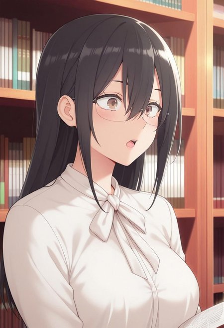 masterpiece,best quality,amazing quality, hanyu mayuri, long hair, black hair, brown eyes, 1girl, solo, glasses, bookshelf, open mouth, hair between eyes, book, shirt