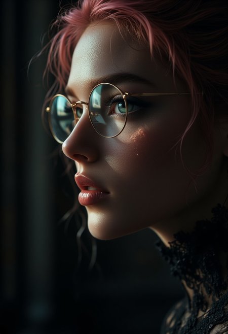 a cute woman, elegant updo, masterpiece, best quality, shallow depth of field, bokeh, incredibly detailed, real, lifelike face, realistic, round glasses, pink hair, green eyes, deep gaze, side view, extreme close-up, blurred background, soft lighting, contemplative expression, dark background, subtle makeup, high-resolution, detailed texture, emotional depth, dramatic mood, classic black dress, side profile, serene atmosphere, cinematic lighting. (dark theme:0.9), soothing tones, muted colors, high contrast, (natural skin texture, hyperrealism, soft light, sharp)