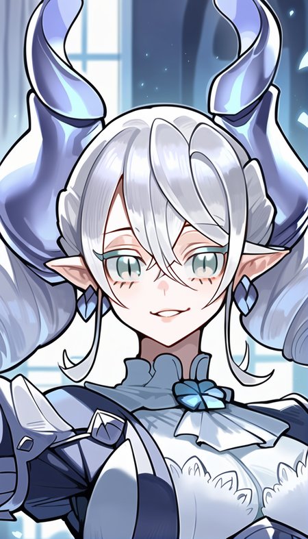 score_9,score_8_up,score_7_up,
<lora:labrynth:1>,
lovely labrynth,1girl,solo,
white hair,bangs,twintails,pointy ears,white eyes,white eyelashes,looking at viewer,smile,parted lips,horns,white collar,close up,
indoors,fantasy castle background,curtains,sky,dreamy and magical atmosphere,particle lights,