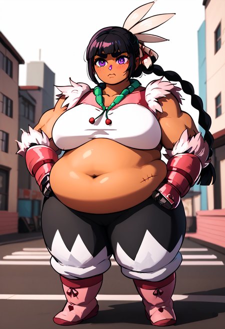 Ponyscores7, expressiveh, perfect face, perfect eyes, detailed face, detailed eyes, jd_yoghurt, 1girl, solo, long hair, black hair, purple eyes, dark skinned female, single braid, plump, big belly, belly scar, large breasts, thick thighs, blunt bangs, thick eyebrows, pink boots, feather hair ornament, baggy pants, pink gauntlets, white top, fur trim, green necklace, standing, hands on hips, blush, embarrassing face, looking away, looking down, upper body, strongfat, muscular female, 3d, city, p4nch, looking at viewer, punching, clenched hand, motion lines, motion blur

<lora:Yoghurt-000009:0.8>
<lora:Expressive_H-000001:0.5>
<lora:Strongfat-PonyXLLoCon-vp3-000009:1.0>
<lora:Punching_POV:0.8>
<lora:backgroundon:0.4>