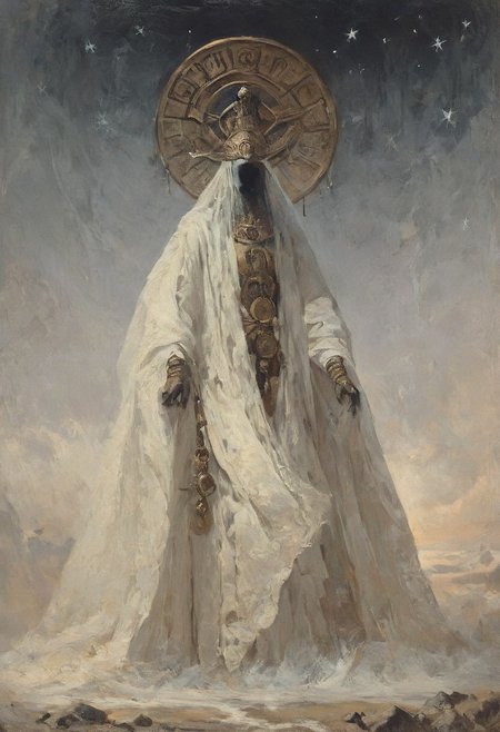 ((score_9, score_8_up, score_7_up)), (high contrast), (flat shapes), vertical lines, oil painting, realistic, grimdark, 
An enigmatic figure of an old god, (golden metalic mask of alien cat), black skin, majestic white outfit, holding huge gold spear, metallic, ((jewelry)), Ancient mystique. gesturing hands, bare feet, Egyptian. 
surreal background, under a dark starry sky. The style of a vintage, high-contrast setting. Emphasize theatrical elements, extreme contrast of bright colors against dark, moody backgrounds, ph4nt0m01l, style-empire, hand