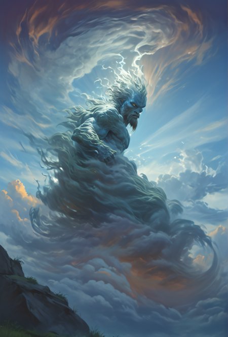highest detail, 4k, absurdres, realisic clouds,
from below, wide shot,  (wormeye:1.5), highest detail, vivid flat colors, warm weather, clear blue sky
Depict a magnificent giant air elemental, emerging from the clouds. BREAK
7x times a tall as a human. With a human for comparison BREAK
 The background consists of (floating, grassy rocks) and a blue sky. A sun ray breaks the coulds and lights the elemental.
air elemental, featureless,  formless
blurry foreground, depth of field, , fantasy art style,
 <lora:Fant5yP0ny:0.7>,  <lora:RPGAirElementalXL:0.7>