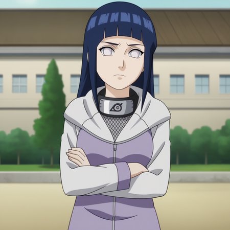 outdoors, 
 <lora:HinataSDXL:0.8>,
1girl, long hair, dark blue hair, blunt bangs, white eyes, no pupils, forehead protector, long sleeves, konohagakure symbol, hood down, looking at viewer, breasts,fishnets,upper body,solo,purple jacket,crossed arms, frown, 
anime screencap, anime coloring,