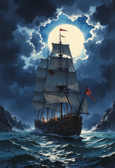 A majestic sailing ship sailing on a stormy sea under the night sky. The wind fills the sails, waves rage around, reflecting the moonlight. Dark clouds hang over the ship, leaving an opening in their center, through which a bright lunar disk breaks through, creating an atmosphere of mystery. There is light on board the ship, perhaps fire or torches that add a sense of tension