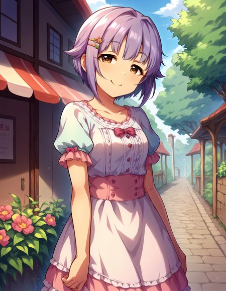 score_9,score_8_up,score_7_up,1girl,solo,cowboy shot,looking at viewer,smile,closed mouth,outdoors,
<lora:koshimizusachiko_ponyXLV6:0.8>,cgksc,
purple hair,short hair,brown eyes,
hairclip,puffy short sleeves