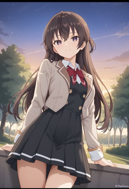 score_9, score_8_up, score_7_up, source_anime, masterpiece, best quality, highly detailed background, cinematic lighting, detailed eyes, detailed pupils, perfect face, Yuki Suou, unique outfit, looking at viewer, cute, dutch tilt, cinematic, standing, smile, low angle, legs, portrait, park, trees, lights, light posts, sunset, warm light, 
 <lora:Yuki_Suou_Pony:0.8>