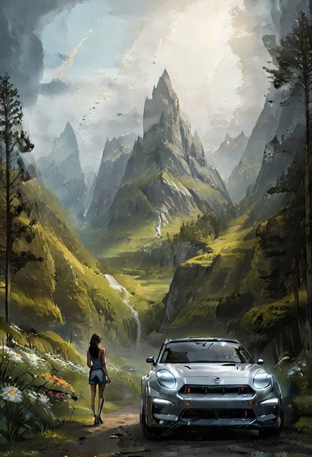 digital art, NISSAN, mountail landscape backgound, plants tress and flowers, a girl standing nearby the car
