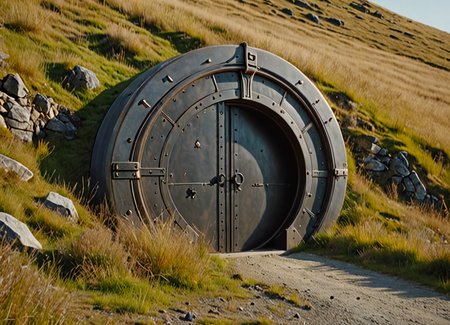 re-enforced round vault door on the side of a hill, at the end of a road  high quality, 4k, extreme detail . kodak 400 f12 <lora:addMoreDetails:1> Ultra details++ , add more details, hyperrealistic
