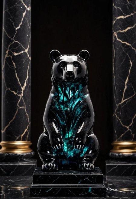 Fujifilm XT3, Sony A7 IV, (award winning photography) a (black: 0.79) marble simple (stylized: 1.49) (bear) statue made of opal (Kintsugi: 0.89) set on a pedestal in temple, glistening. in the background beautiful pillars, divine (iridescent: 0.79), opalescent textures, volumetric light, ethereal, sparkling, studio photo, highly detailed, sharp focus (highest quality: 1.39) (highest coherency: 1.39) (award winning photography), highly detailed photography, (muted colors, cinematic, dim colors, soothing tones:1.2), vibrant, insanely detailed, hyperdetailed, (dark shot:1.2), (vsco:0.3), (intricate details:0.9), (hdr, hyperdetailed:1.2) (vignette), sss, raw photo, fijifilm, kodak, cinematic film grain, mesopotamian, babylonian