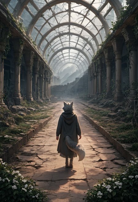 score_9, score_8_up, score_7_up,  fullbody, 1girl, furry, anthro, gray fur, wolf tail, wolf, solo, fullbody, backview, looking arround in wonder, masterpiece, best quality, very aesthetic, close up, gray hair, gray twin braids, green eyes, standing in the ruins of botanic garden with glass ceiling, overgrown, broken glas, snow patches ray of light, dark sky, low light, white snow, (postapocalyptic city), d, dark, worried, concerne, ragged winter clothes