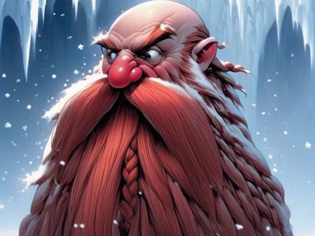 Harry_Dwarf,  <lora:Harry_Dwarf:1>, red long beard, braided moustache,  bald, in a blizzard region, frozen hair, ice, icicles, snowstorm