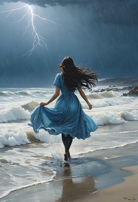(water-colored), illustration, style of Jessica Galbreth,
(far view, far shot, rear view, facing away:1.3),
(Alice, very long dark brown hair,  hair rim lighting, hair in the wind, blue maid dress with short sleeves, black tights, black shoes:1.5), 
fog, dreamy, dream, sand, waves,
(walking in sea, in water, beach, raining, rain drops, storm, lighting:2)