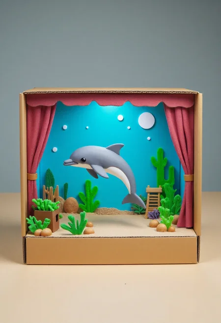 <lora:Finger_Puppet_Theater_FLUX-000013:0.9>
The image is a photograph of a whimsical, handcrafted diorama with a cardboard box set up as a stage,  featuring  a dolphin in the ocean