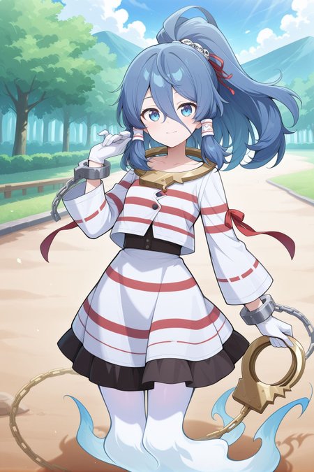 absurdres, highres, masterpiece, best quality, amazing quality, official anime artwork, screencap, anime screencap, outdoors, looking at viewer, light smile, dynamic pose, standing,
 <lora:Mizuchi-Miyadeguchi_Illustrious:1> miyadeguchi mizuchi,  1girl, solo, blue eyes, blue hair, long hair, hair tubes, ponytail, ghost tail,, skull hair ornament, white gloves, white shirt, long sleeves, striped shirt, striped skirt, chain, cuffs, shackles, gold handcuffs, sleeve ribbon, red ribbon,