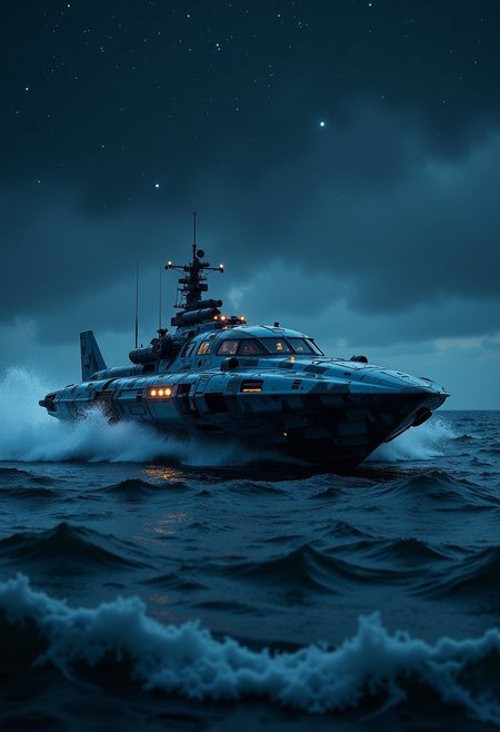 a_skynet_cyberdyne_craft, a sleek combat hovercraft, silhouetted, chiascuro, dark night, clear sky, stars, nebula. The hovercraft is painted in camouflage blue and black, and the cockpit shows glowing led lights, and has a large air intake, stormy sea, waves, dutch angle, the image slanted diagonally, motion blur