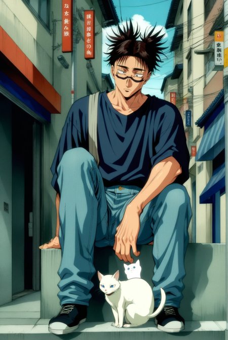 1boy, male focus, choso \(jujutsu kaisen\), jujutsu kaisen , (90s anime style:1.5), front view, outdoors, street view, (looking down:1.3), perfecteyes, shirt, denim shorts, (a single white cat sitting next to them) <lora:detailed_notrigger:1> <lora:ParchartXL_CODA:0.2> <lora:Isometric Cutaway:1> <lora:PerfectEyesXL:1> <lora:Surreal Harmony:0.2>