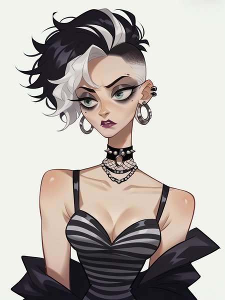 score_9, score_8_up, score_7_up, score_6_up, score_5_up, <lora:kangyannanXLP:0.8> kangyannan, white background, 1girl, evening gown, black hair, white hair, punk, striped, zeebra