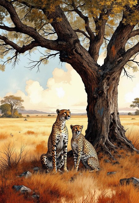 A digital illustration of a serene and atmospheric depiction of cheetahs taking shelter under the shade of a large tree in the African savanna on a hot, sunny day. Use a vibrant oil painting style with expressive brushstrokes to highlight the textures of the animals' fur, the rough bark of the tree, and the dry grasses of the landscape. The scene should convey both the tranquility of the moment and the intensity of the midday heat.